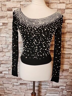 Lizette Collection Black Top With White Pearls Brand New